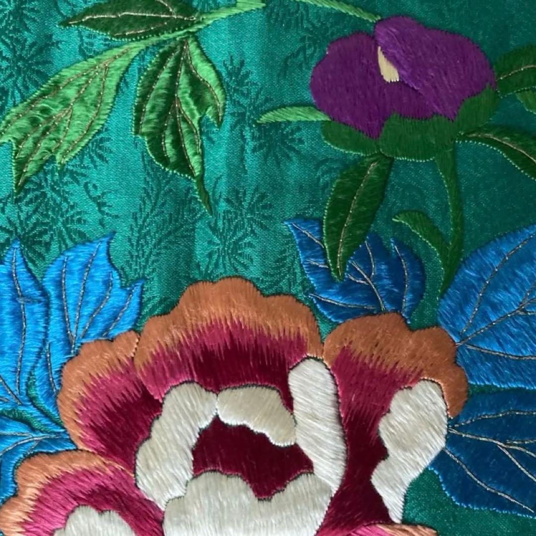 Okuta アンティーク名古屋帯　ターコイズ 刺繍の正絹　洒落帯　N25