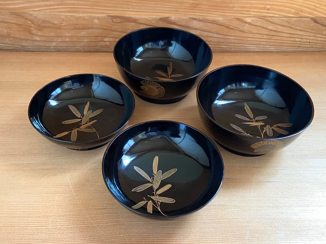 能登に伝わる古民芸 黒漆 福良雀蒔絵 お椀 2客 / 黒塗 漆器椀 蒔絵椀