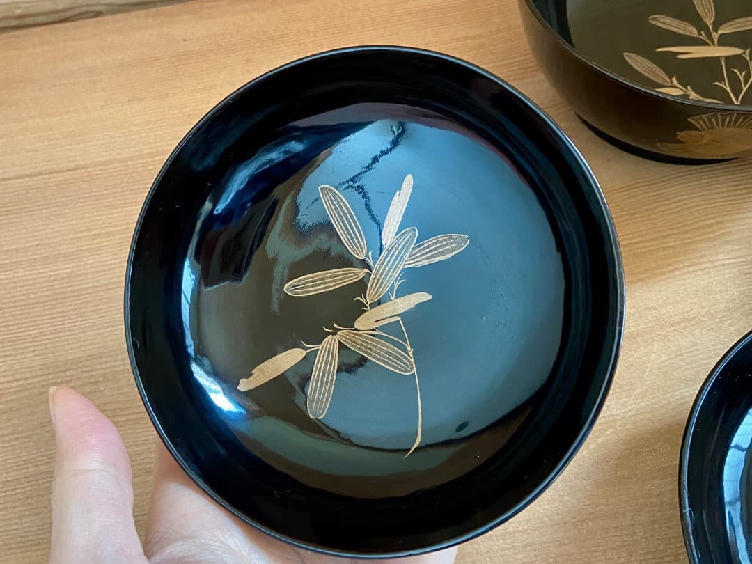 能登に伝わる古民芸 黒漆 福良雀蒔絵 お椀 2客 / 黒塗 漆器椀 蒔絵椀