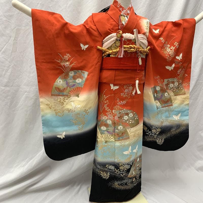 512ag62□七五三 七歳 女児 着物&袋帯 金彩 扇 流水に花□美品