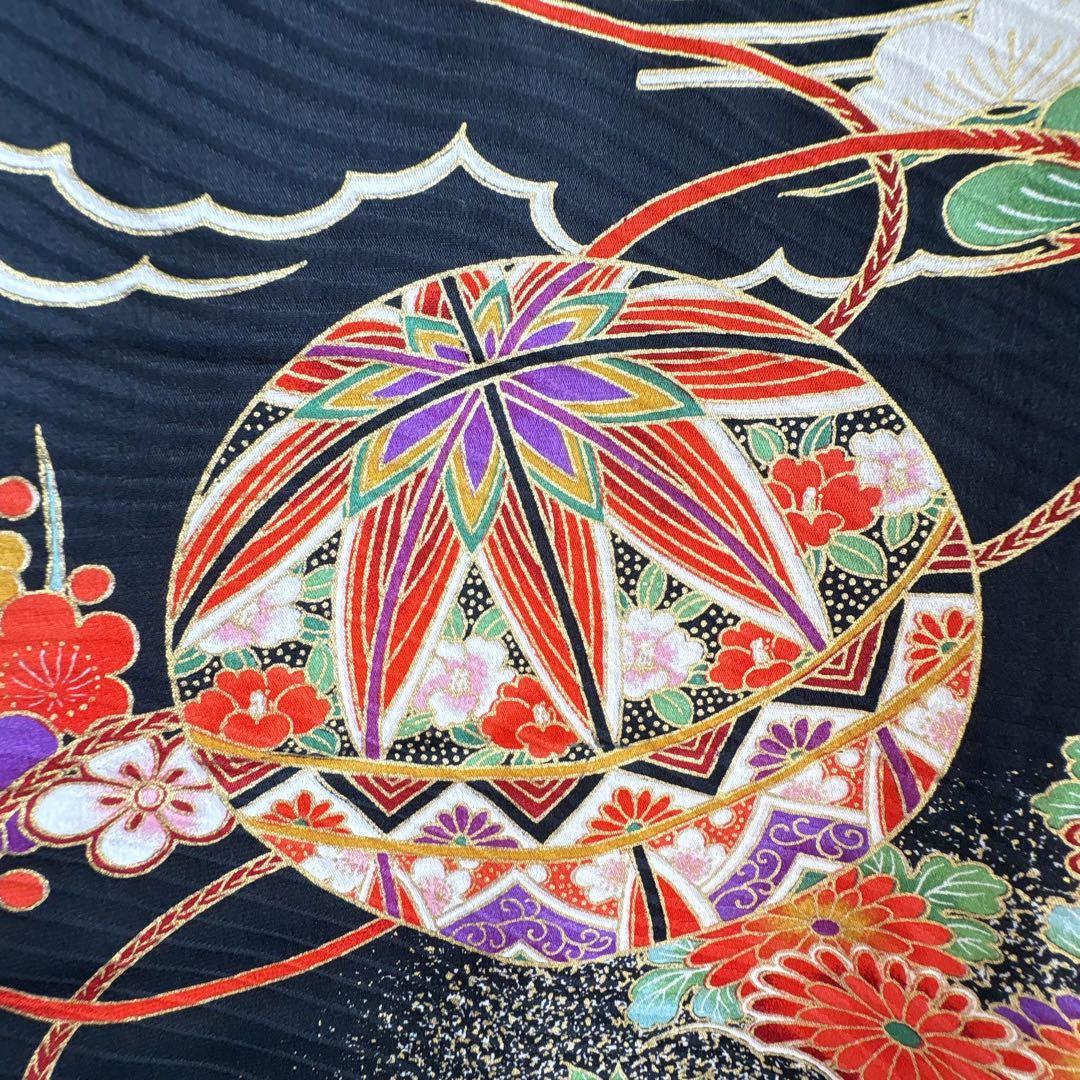 フルセット　七五三７歳女の子　赤黒地絹毬牡丹　新品袋帯緑地　簡単半襟　7126