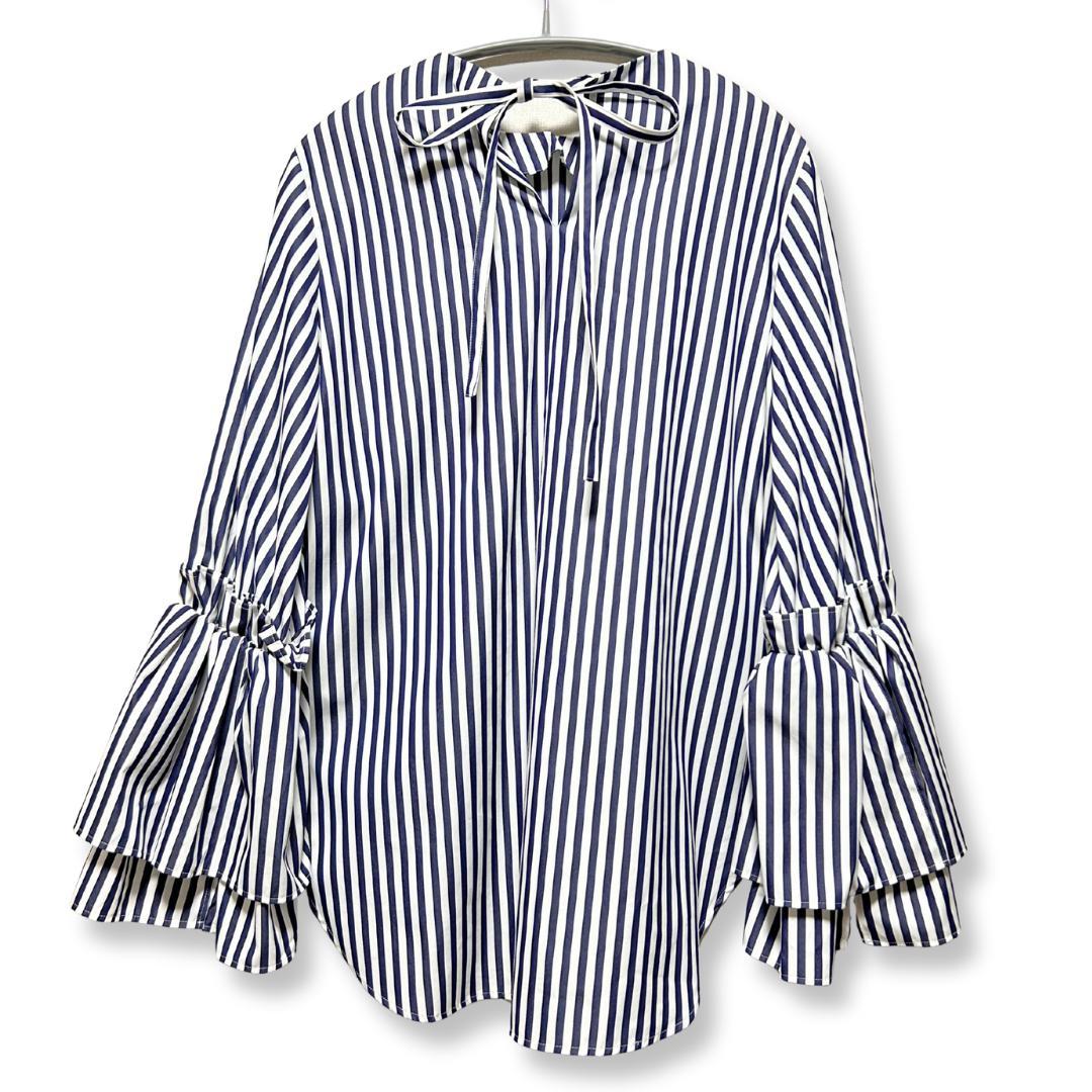 極美品✨Mfil エムフィル ブラウス シャツ ティアードスリーブ ストライプ