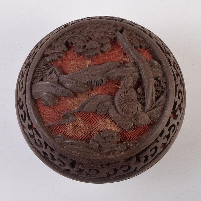 中国　堆朱　堆黒 　内七宝　山水人物文　香合　V　R9265