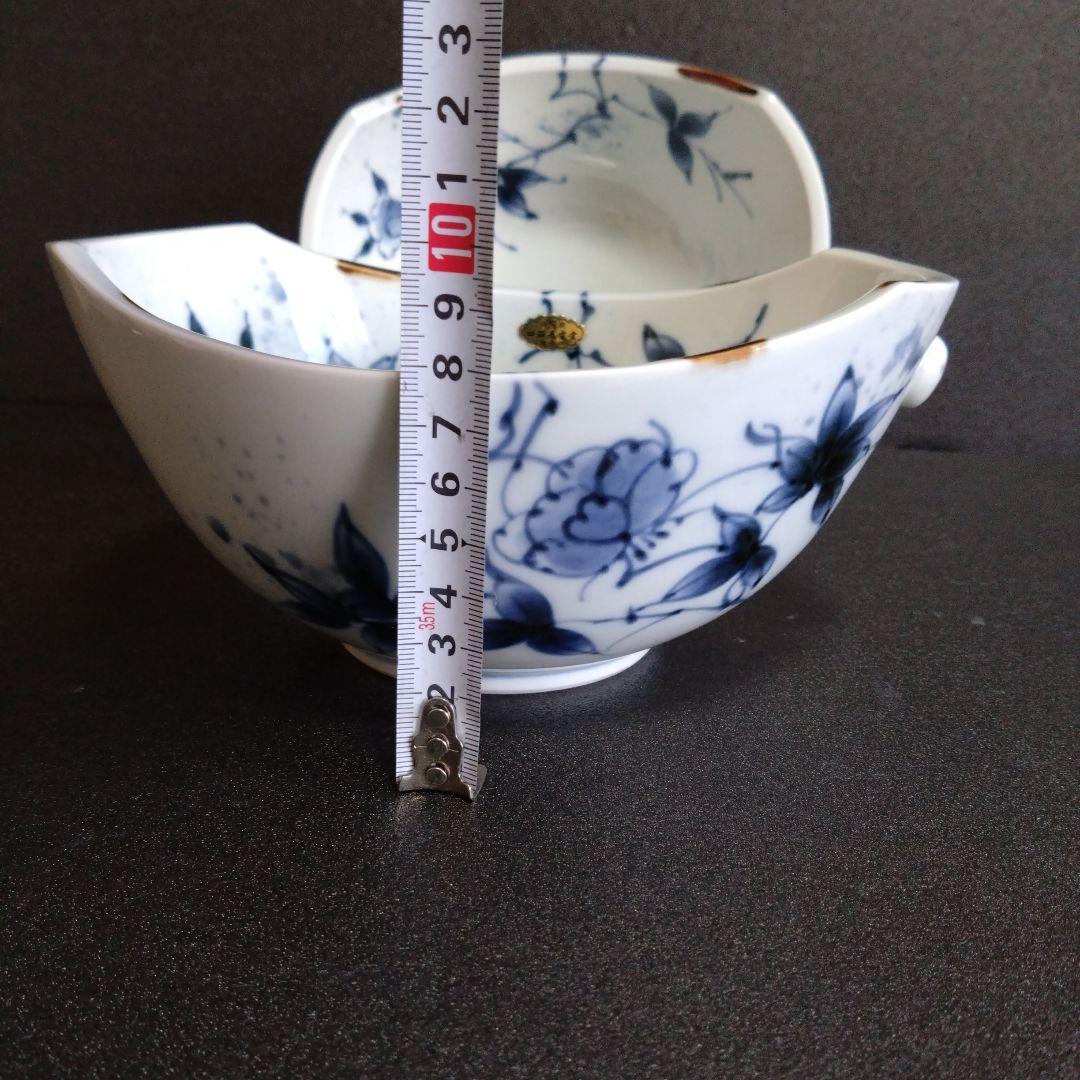 新品 有田焼 福泉窯 染付草花紋 耳付変形鉢2個　お祝い