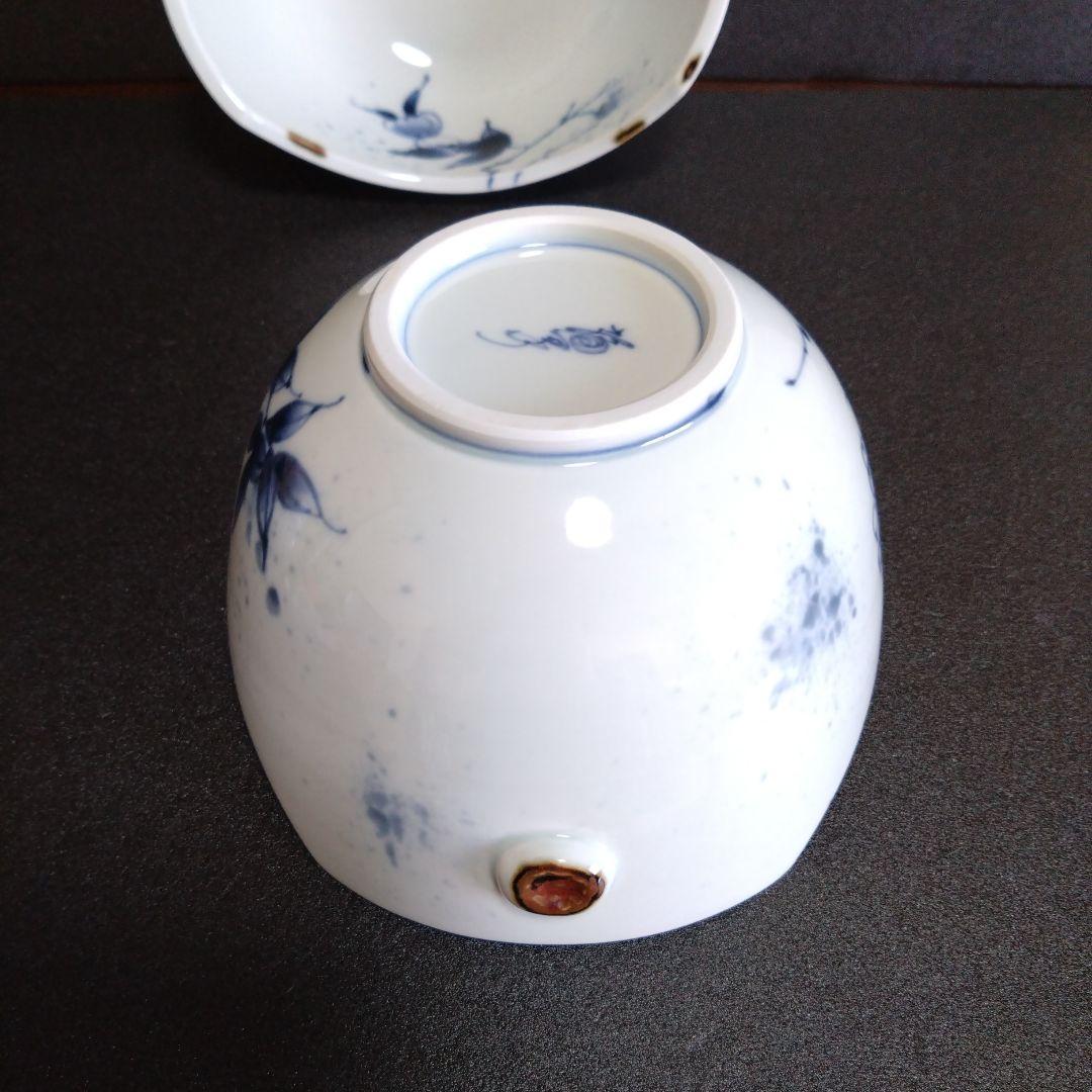 新品 有田焼 福泉窯 染付草花紋 耳付変形鉢2個　お祝い