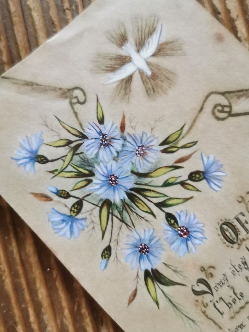 アンティーク 手描ホーリーカード フランス ベルギー 矢車草 初聖体式 菫と菊