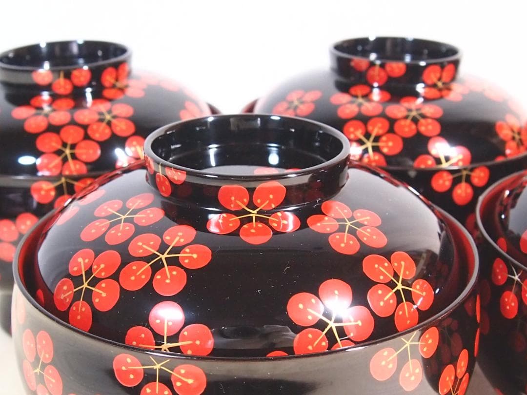 【美品】輪島塗 五島屋謹製 梅蒔絵 煮物椀5客 雑煮椀/大椀 梅づくし 漆器食器