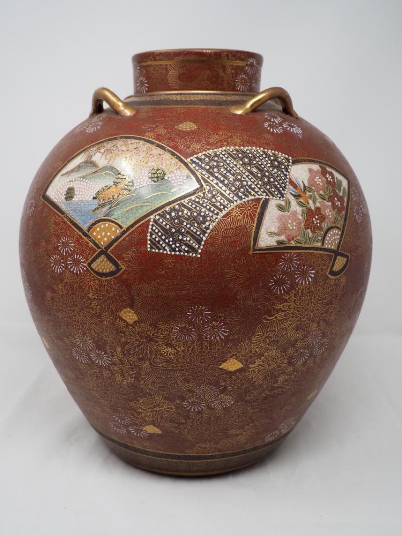 色絵金彩扇面花鳥風景図四耳花瓶　壺　薩摩焼　連山　-SO