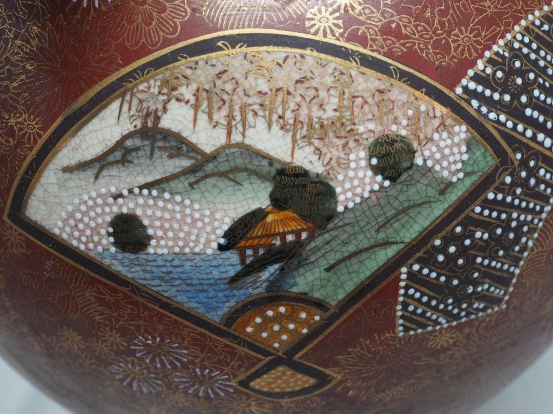 色絵金彩扇面花鳥風景図四耳花瓶　壺　薩摩焼　連山　-SO