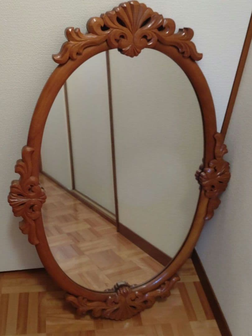 アンティーク木製鏡 壁掛け 縦93cm