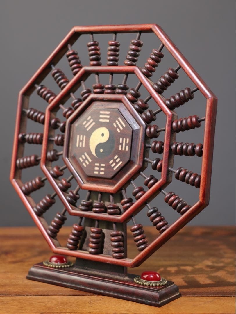 旧蔵　時代物　赤木製　八卦算盤　そろばん　運気が上昇回転屏風付きの飾り品 置物