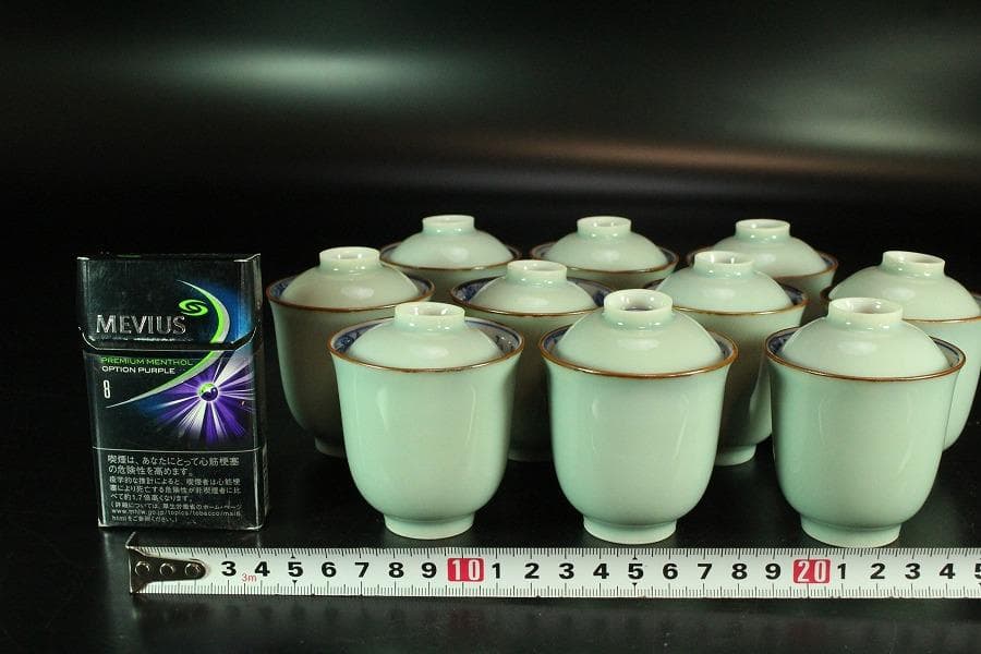 豆青釉 内青花 草花紋 蓋碗 十客(K-A747)