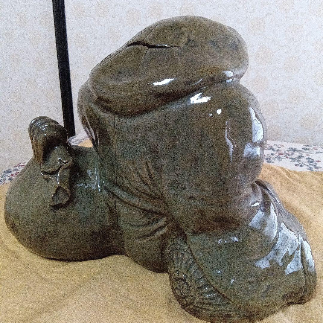 【古萩】青釉 大黒天 置物【三輪窯3代作】人間国宝 三輪休和(休雪)極め