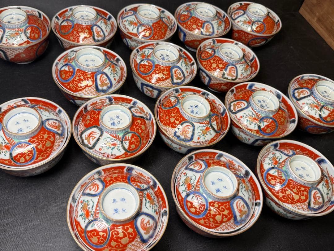 骨董 古伊万里 錦手 花鳥図 蓋茶碗 16客 無傷 明治 江戸 染錦 木箱