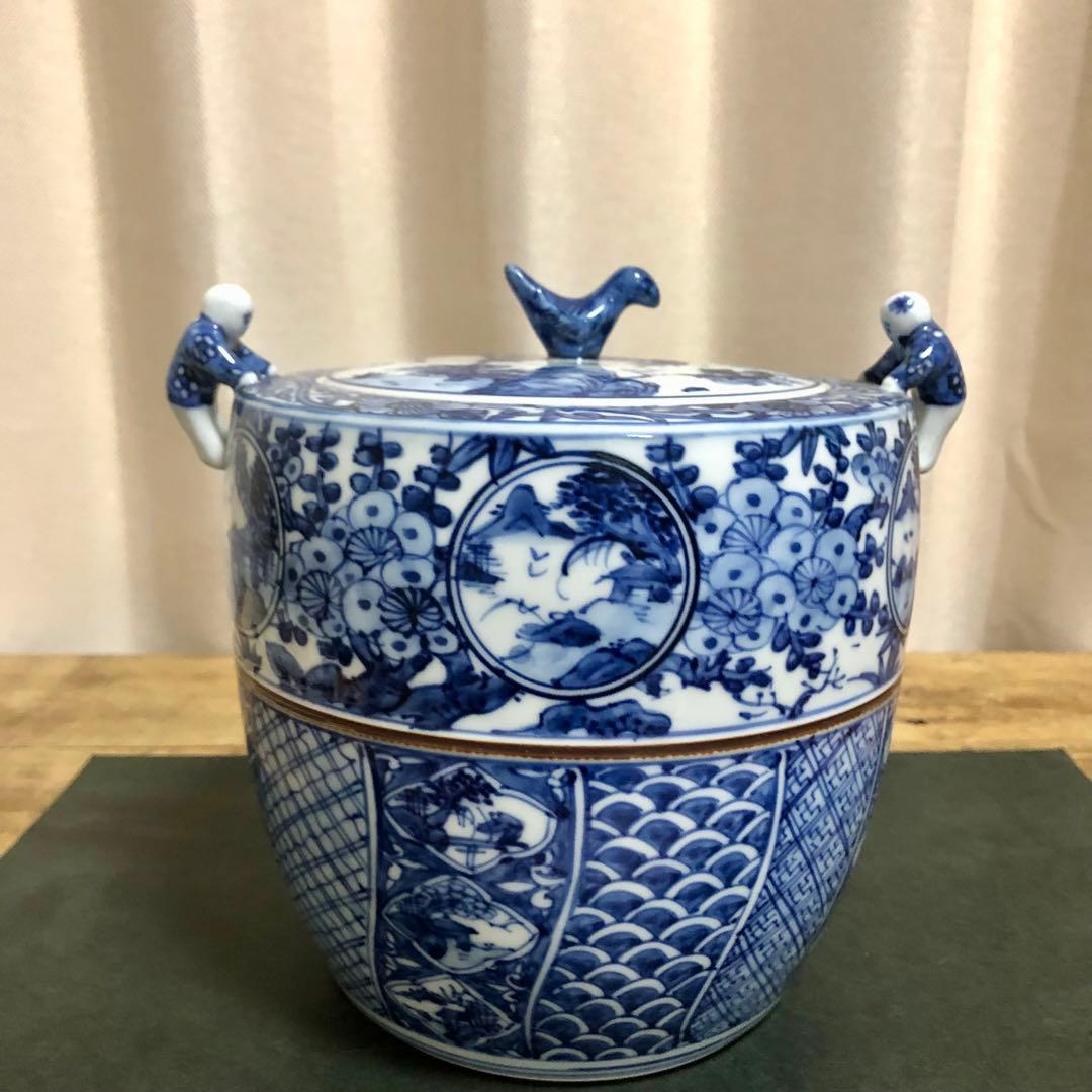 高野昭阿弥 青華祥瑞写二閑人水指 共箱 茶道具