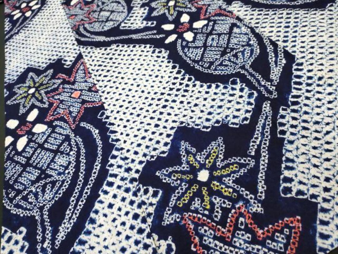 有松絞り　浴衣　トールサイズ　紺地　うちわ　団扇　三浦絞り　有松鳴海絞り　総絞り