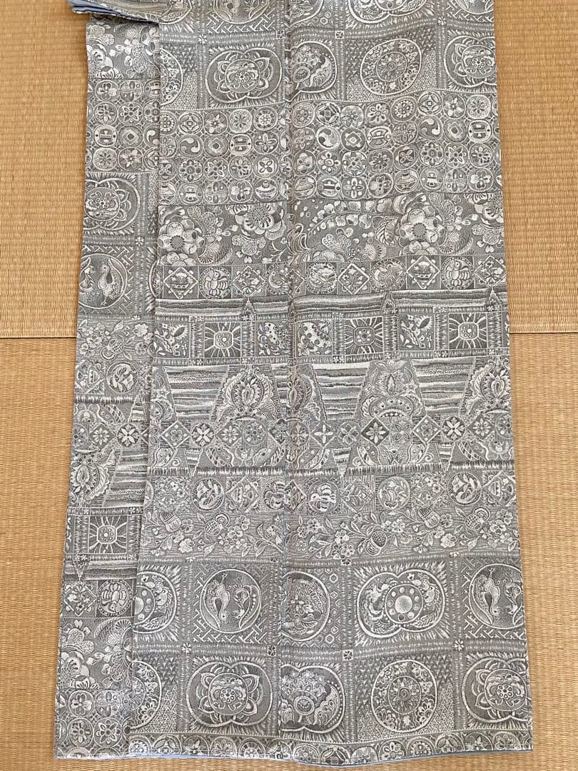 未使用しつけ付き☆天目織　お召し　花や鳥模様　着物（袷）ラスト！