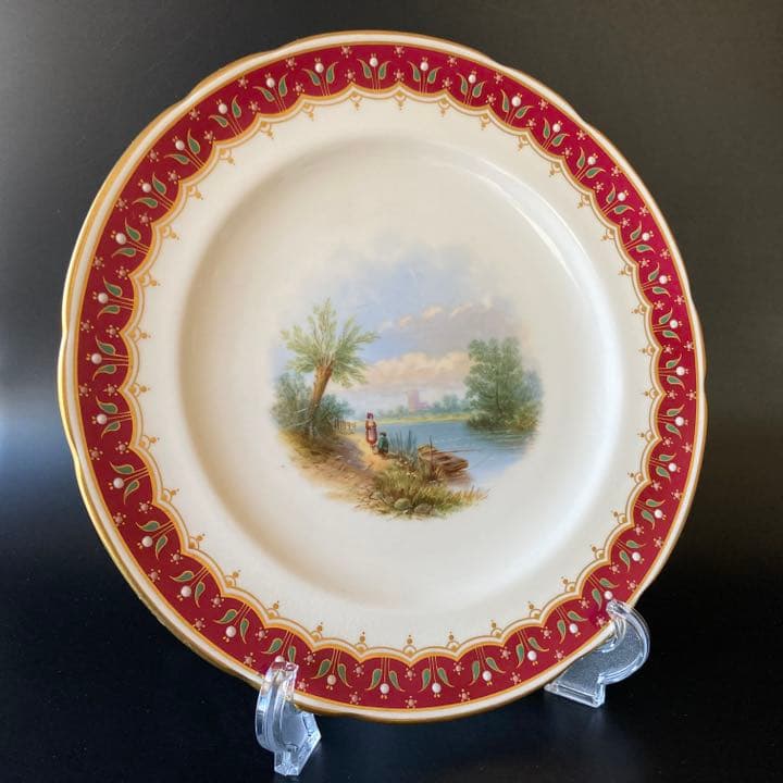 ミントン　バーガンディレッド　風景絵図飾皿　エナメル七宝金彩装飾　プレート　大皿
