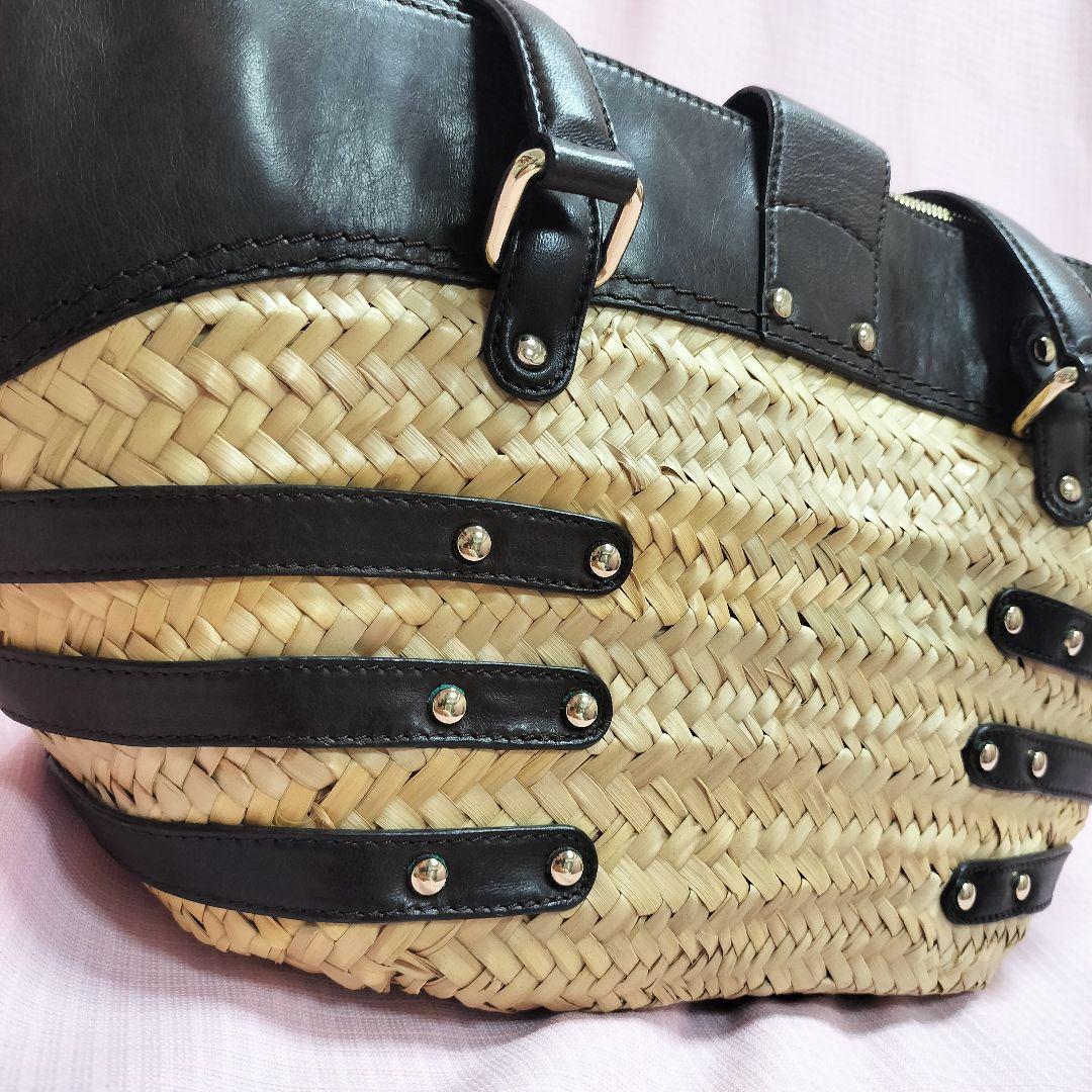 美品 JIMMY CHOO ストロー レザー トートバッグ かごバッグ 舟形