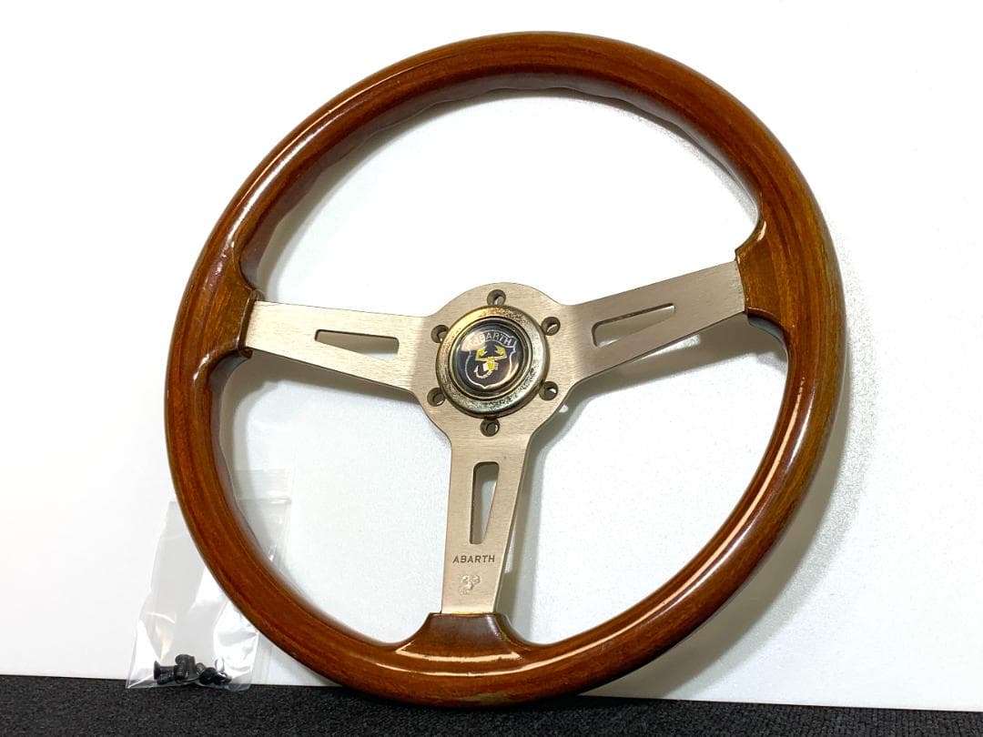 アバルト ゴールド ウッドステアリング 35Φ ホーンボタン付 当時物 旧車