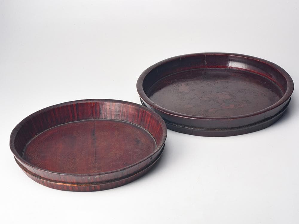 【木】　★ 民俗 描金花卉龍紋木盆 ★　清朝期　當萬茂 在銘　雅玩雑項