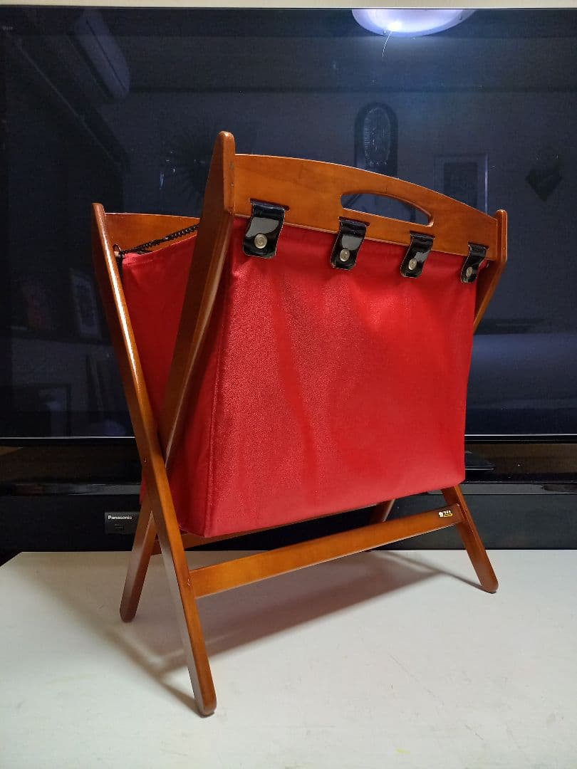 1970's　カリモク　ウッド　レッド　ファブリック　モダン　バスケット