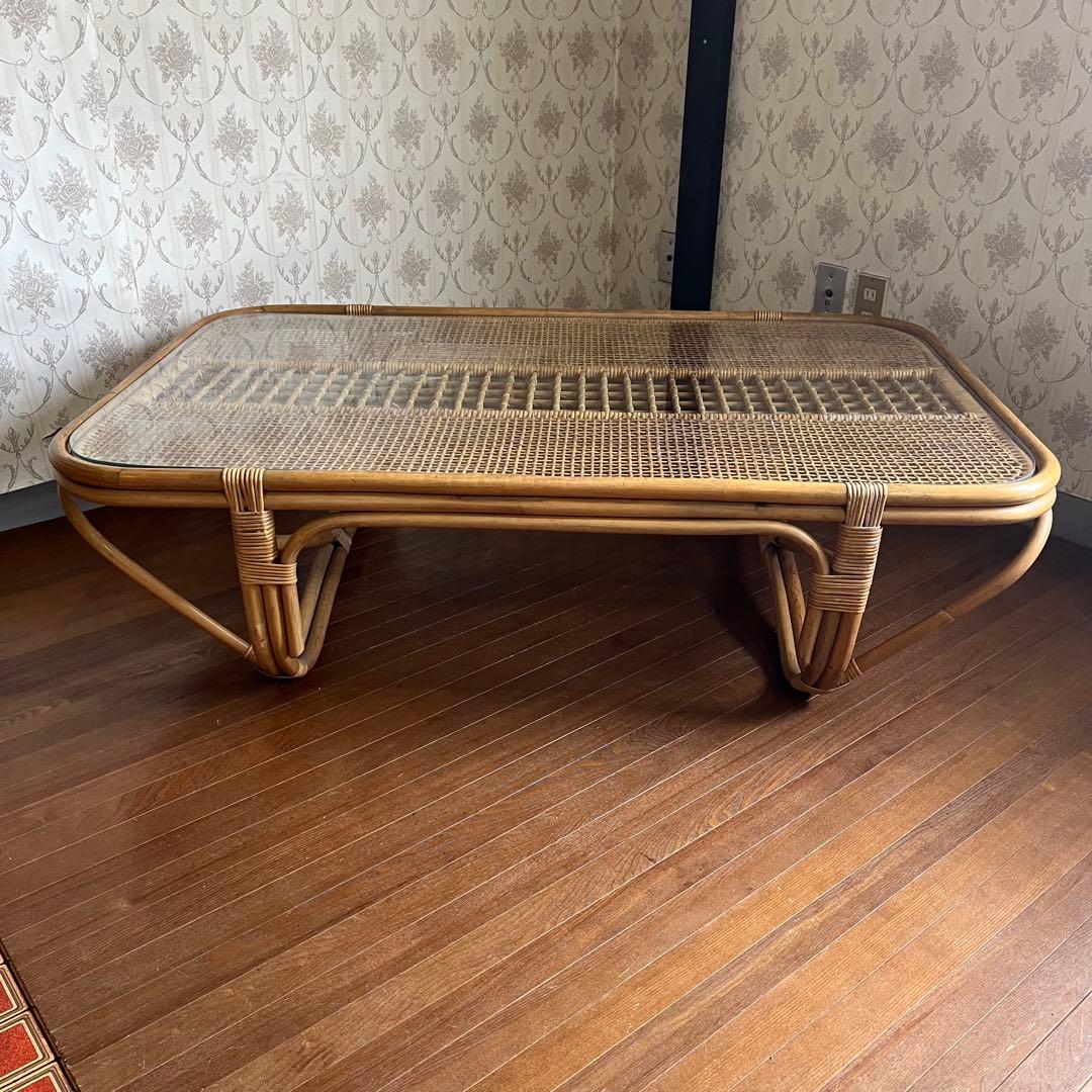 【アンティーク】籐 ラタン ガラスローテーブル センターテーブル 古民家 古家具