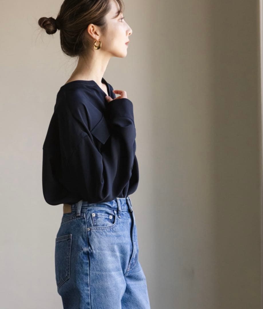 NOBLE ワークディテールドレープシャツ　ネイビーブラウス