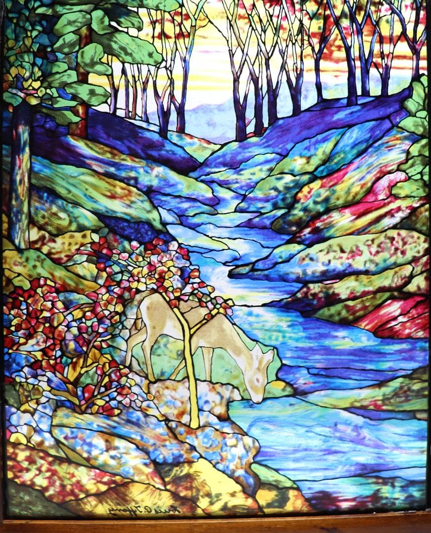 ティファニー 3連ヴィンテージステンドグラス ヘレン・グールドの風景のウィンドウ