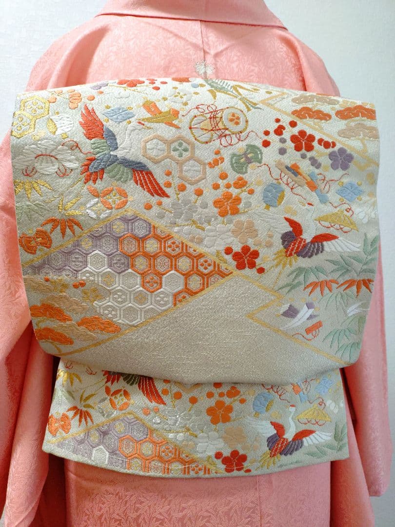 付下げ　訪問着　色無地　袋帯　2点セット　美品　正絹　刺繍　宝尽し