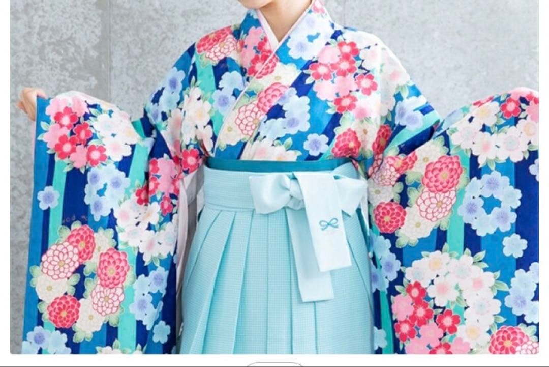 卒業式用　袴　着物セット pom ponette ブルー　はな柄　ストライプ