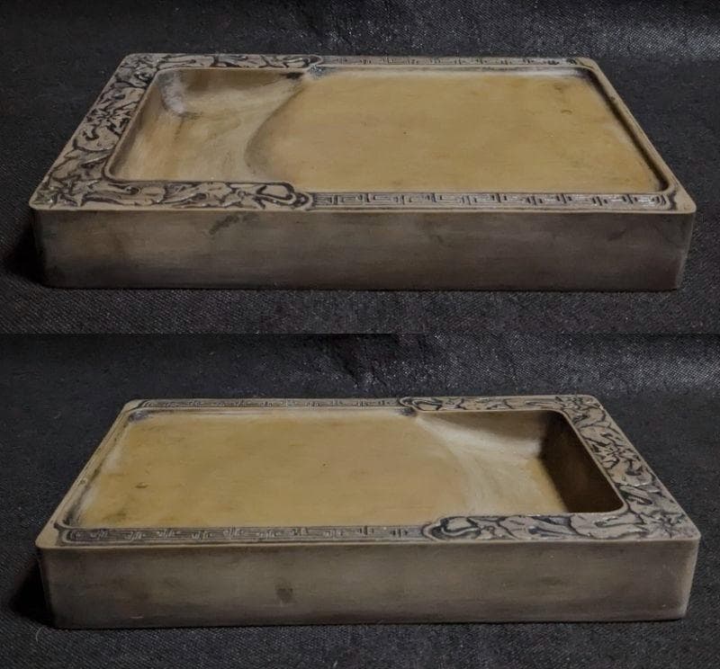 【ゆう】　　◆澄泥・吉祥雷廻文門字硯（鱔魚黄九吋／布化粧箱）