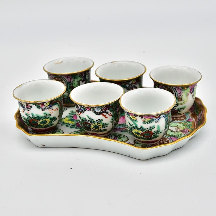 中国美術 乾隆年製 煎茶器揃 急須 煎茶盆 煎茶碗 12客 色絵粉彩花草桃図