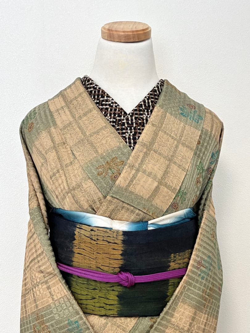 セット　小紋たんぽぽと格子の市松＋洒落袋　板締め絞り＋裄直し