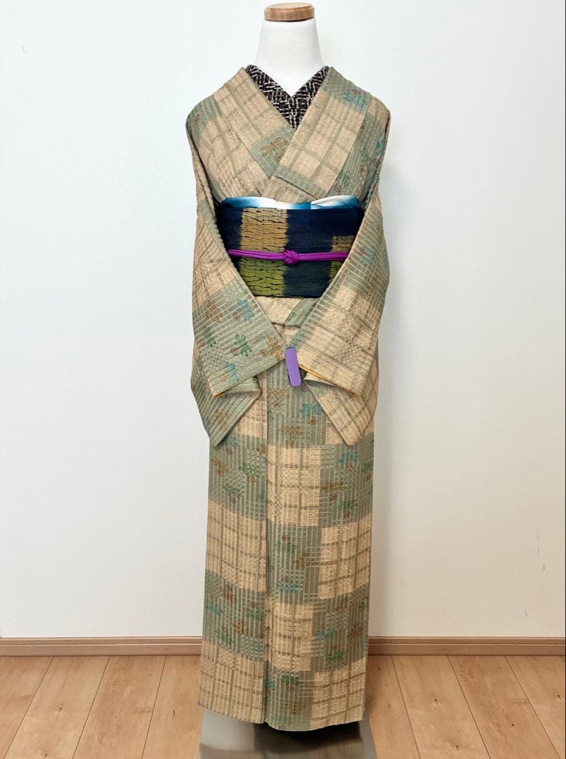 セット　小紋たんぽぽと格子の市松＋洒落袋　板締め絞り＋裄直し