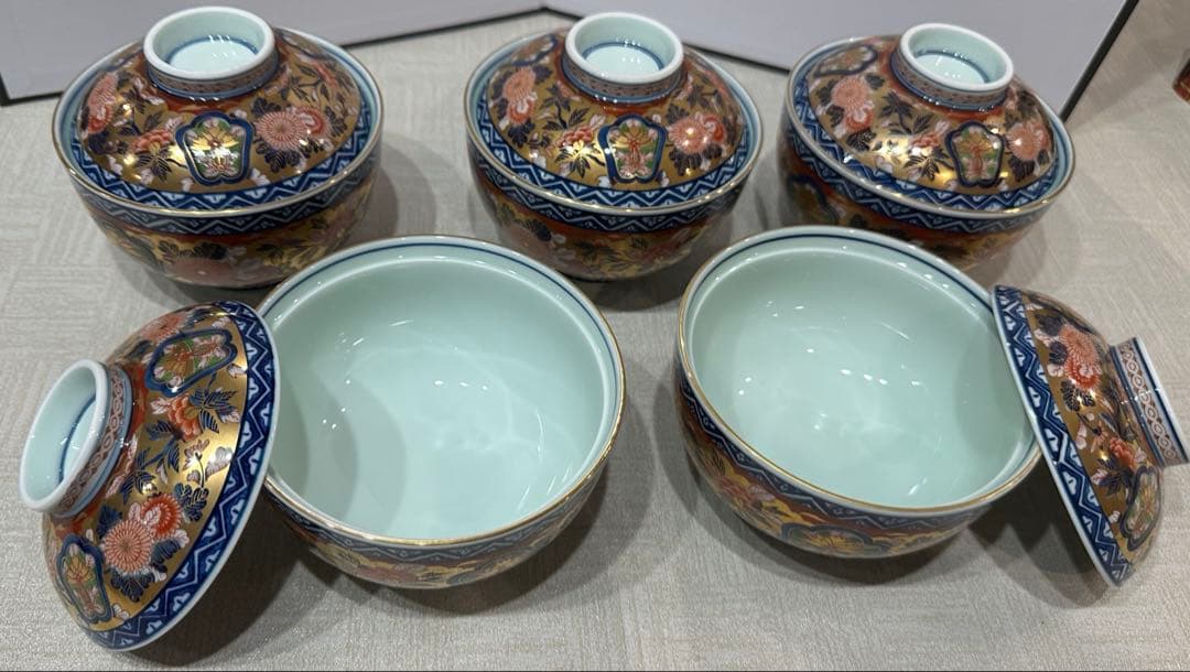 極錦金彩古伊万里 賞美堂 其泉窯 蓋つき煮物椀 5個セット