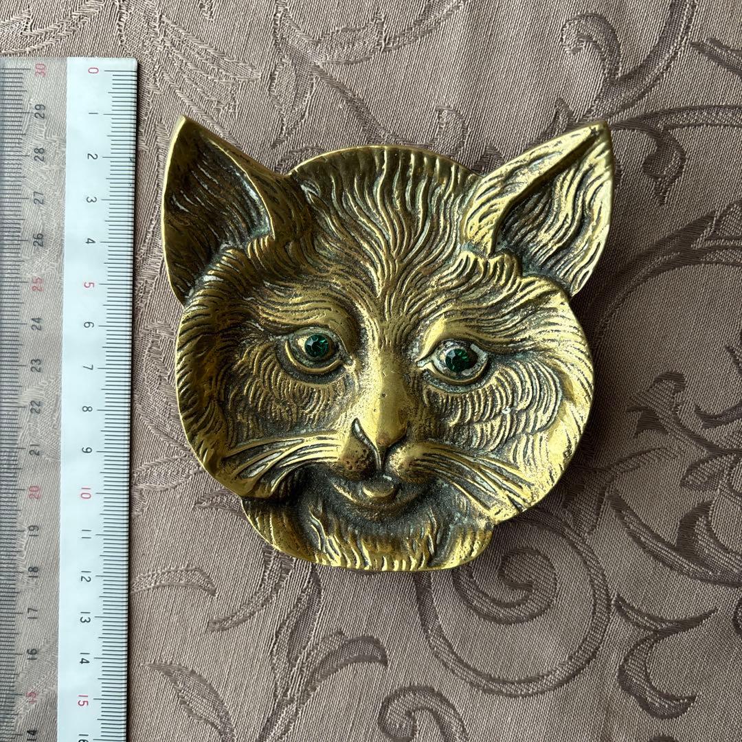 レア! ブロカント 緑の眼の猫のトレイブラス真鍮ビンテージアンティークガラスの瞳