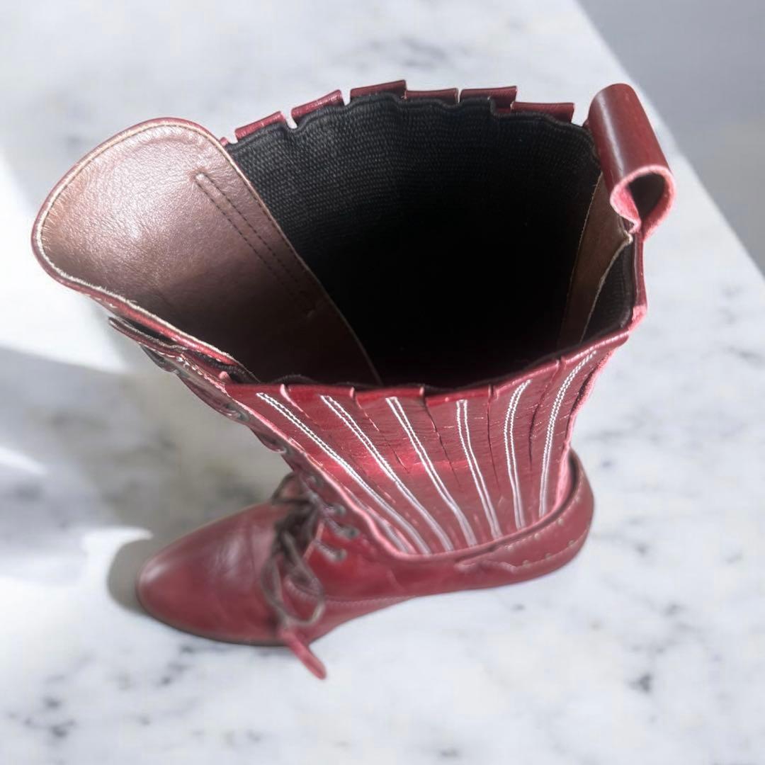 PISARO　ピサロ　本革レースアップロングブーツ　レッドピンク　編み上げ