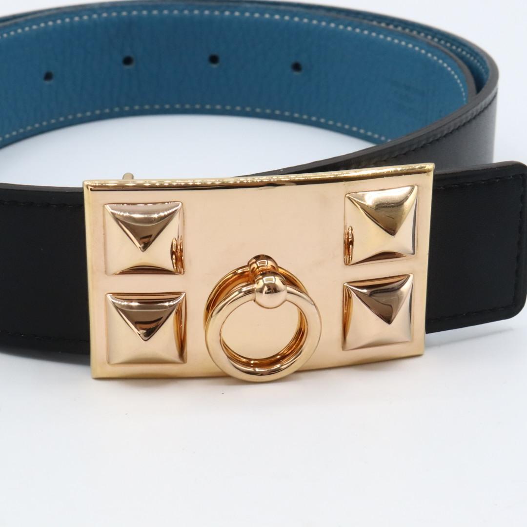 美品　エルメス　コリエドシアン　レザー　ベルト　７５　ブラック　ブルー
