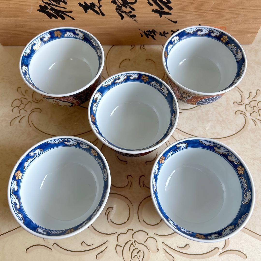 有田焼　藤太郎窯　染錦木甲三方割　雑煮碗揃　5客　蓋付き丼ぶり　金彩古伊万里