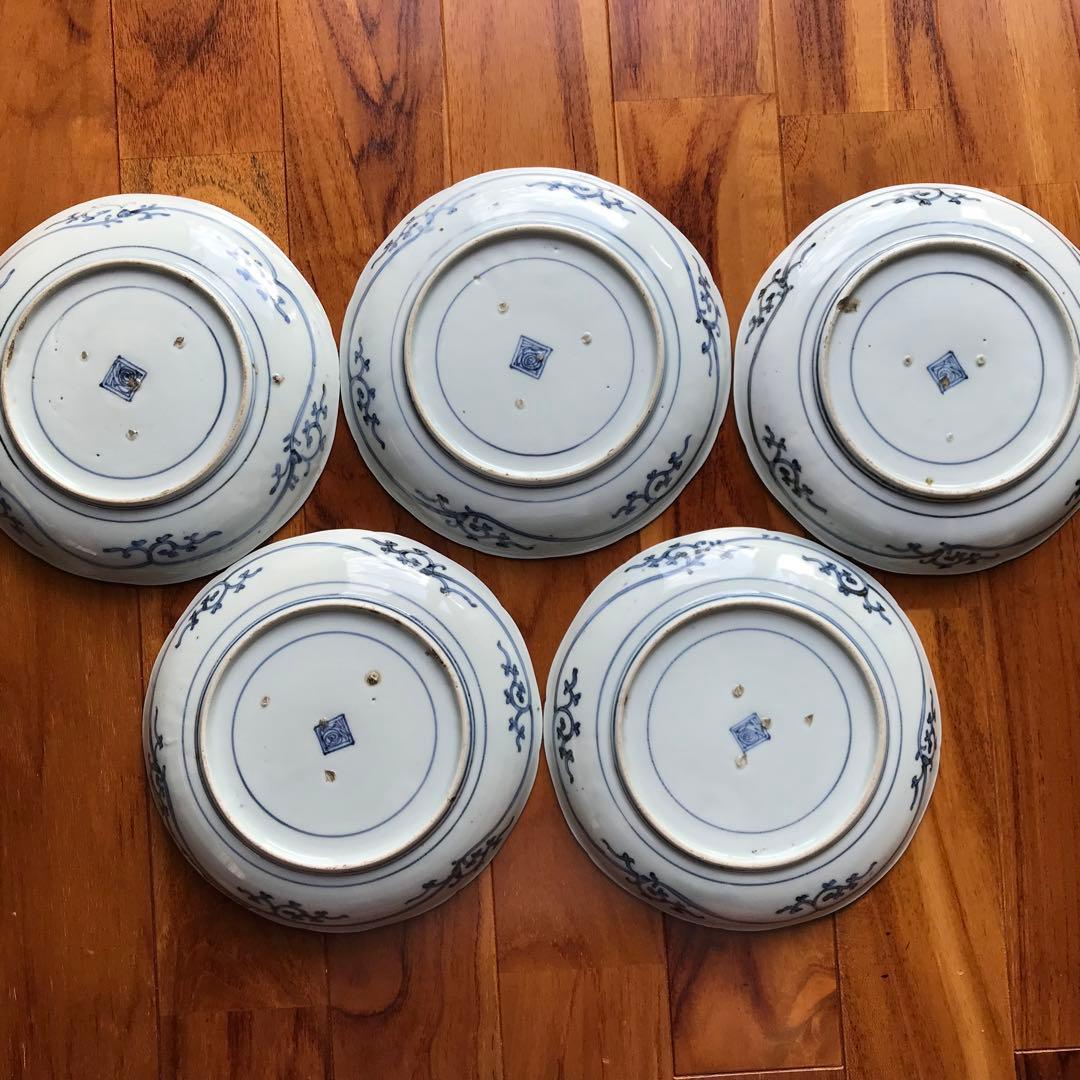 古伊万里染付花唐草文　青い花模様の皿7寸　5枚セット