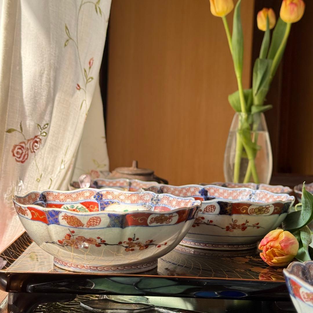 2189様感謝‼️節目に明治上手柿右衛門手『桐花鳳凰文様』切支丹皿松梅桐菊5客