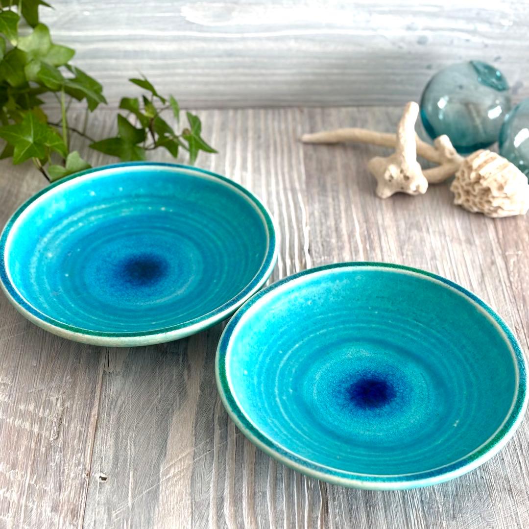 ガラス彩陶器 中皿 沖縄オーシャンブルー 2枚セット