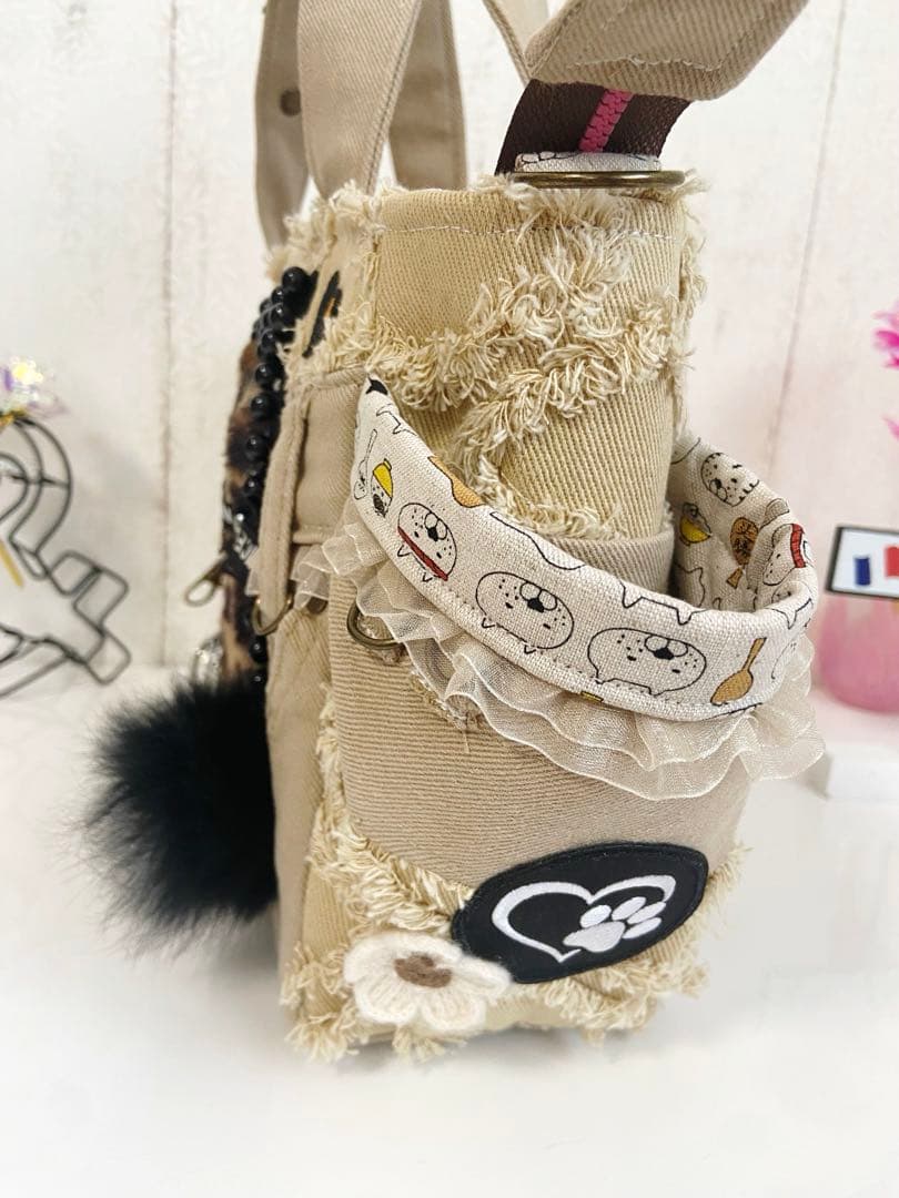 デニムリメイクバックS 茶フリンジ猫