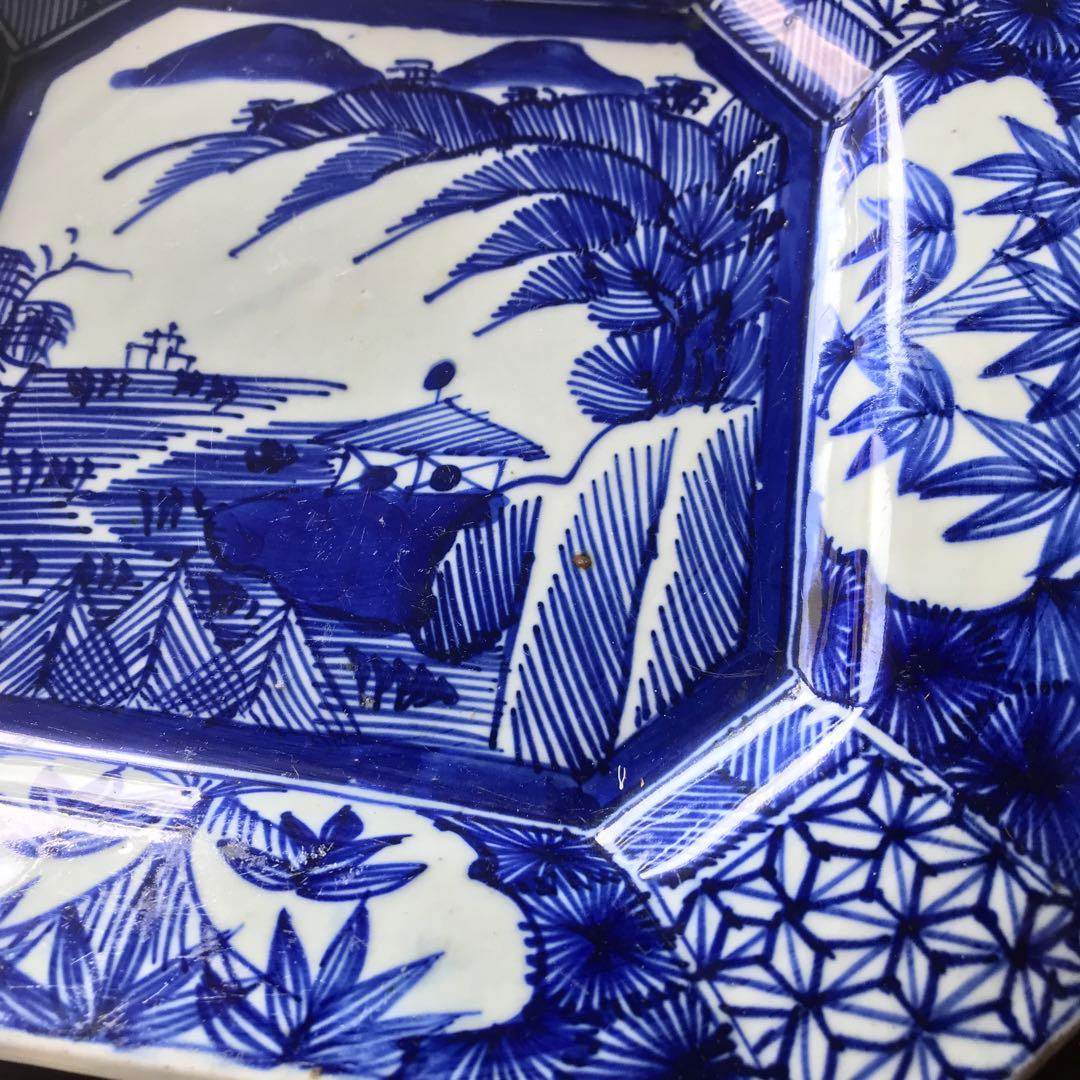 美品　古伊万里　陶器　年代物　盛り皿　角皿　八角絵皿　線画　山水の絵柄が素敵な