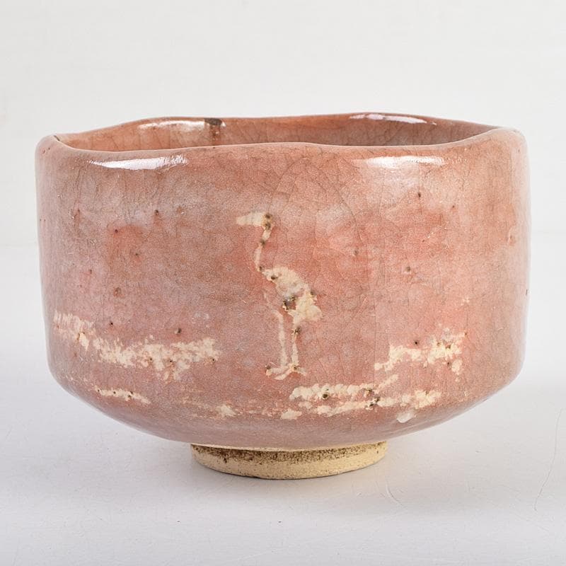 茶道具　十二代楽吉佐衛門　弘入作　立鶴絵付　赤楽茶碗　書付箱　M　R9346