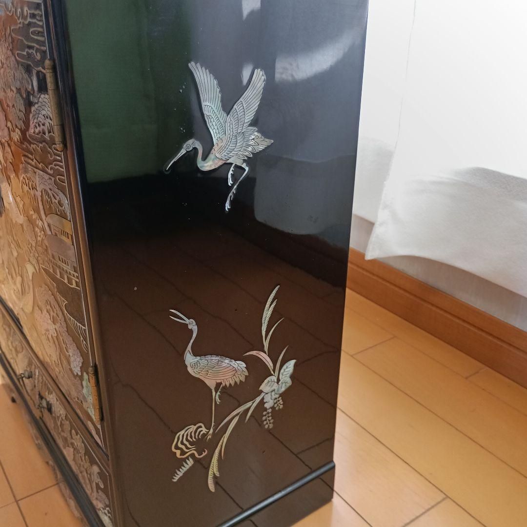 【訳あり】韓国伝統工芸 螺鈿細工 小箪笥 鳳凰・鶴・亀金具 卓上キャビネット