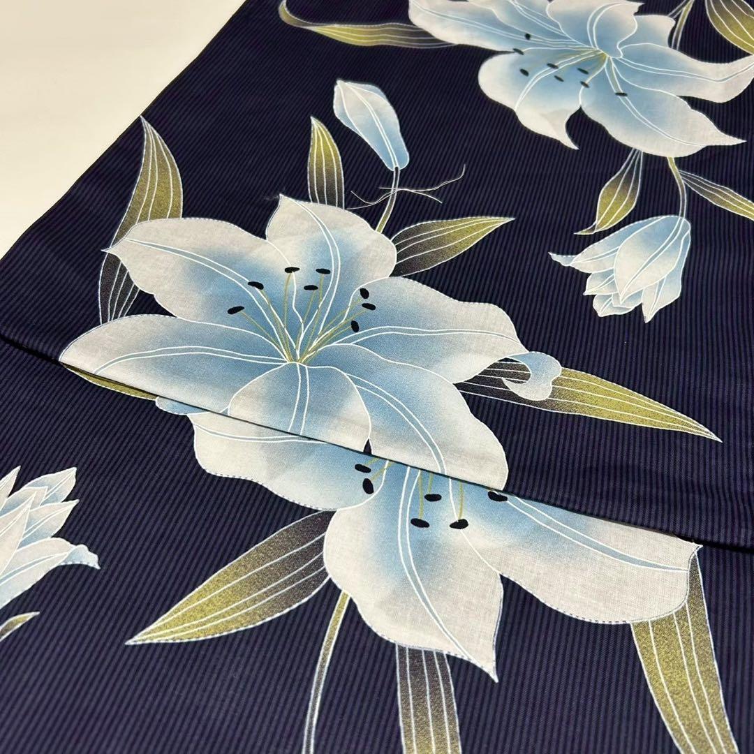 浴衣　大きめサイズ　浴衣 3L 百合　濃紺　帯　2点　新品　未使用　0704⑩
