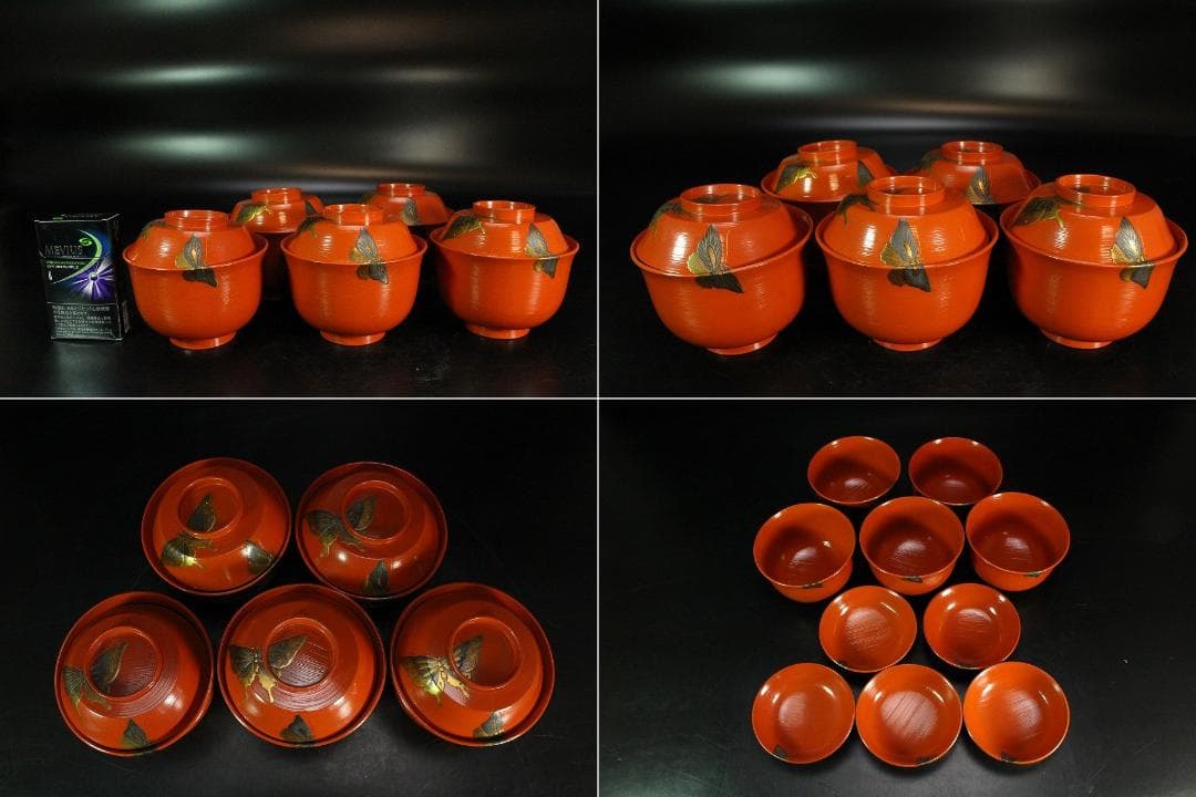 京都 象彦 造 群蝶蒔絵 朱刷毛目 小吸物椀 五客 共箱 美品(K-XA804)