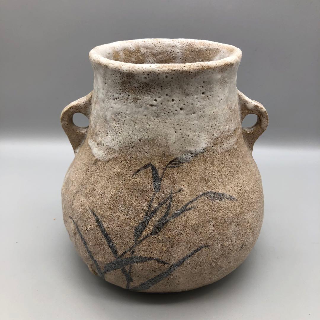 木箱入り未使用鳥鷺さぎ絵耳付き双耳陶釜陶器花器ツボ壺型花瓶花生け華道具骨董品